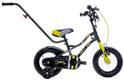 sun baby TIGER BIKE Børnecykel 12 tommer - Justerbar sadel og styr, Klokke, Støttehjul - Gul Grå