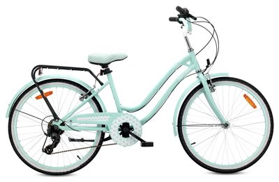 Heart Bike Flickcykel för en flicka 24 tum, 8 till 12 år, Mint, Barncykel med 7-växlad, pakethållare, stänkskärmar i metall, V-broms, kedjeskydd