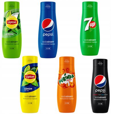 Sæt med 6 Lipton SodaStream-koncentrater: Citron+Grøn+Pepsi+Mirinda+7UP+PepsiMAX