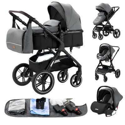 3-i-1 klapvogn til nyfødte, rejsevenlig og foldbar model, aluminiumsramme, vugge, indtrumfelig cockpit, HX1 Grey