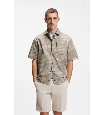 BOSStil mænd. 50559568 Skjorte Globe Print grøn (L), Casual, Bomuld, Korte ærmer