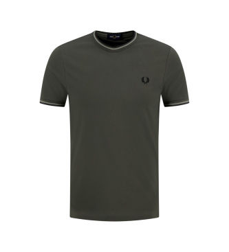 Fred Perrytil mænd. M1588 T-shirt med to grønne striber i kanten (L), Casual, Bomuld, Korte ærmer