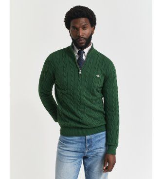 Ganttil mænd. 8050603 Grøn cable-strikket sweater med kort lynlås (XL), Casual, Bomuld