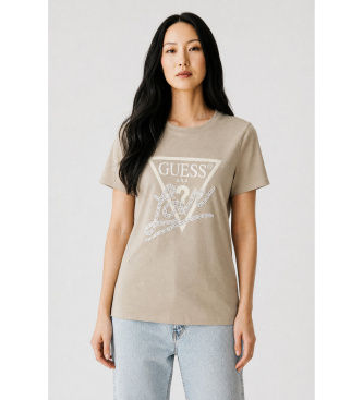 Guesstil kvinder. W5YI40I3Z14 T-shirt Trekant med beige perler (S), Casual, Grøn, Læder, Korte ærmer