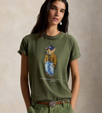 Polo Ralph Laurentil kvinder. 211B17806001 Bomulds-T-shirt med grøn polobjørn (XS), Casual, Korte ærmer