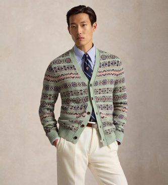 Polo Ralph Laurentil mænd. 710B17549001 Grøn Fair Isle-cardigan i hør og bomuld (M), Casual, Linned
