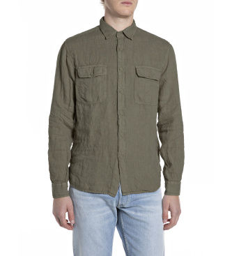 Replaytil mænd. M4147.000.81388B Grøn lomme-skjorte i hør (L), Casual, Linned, Lange ærmer