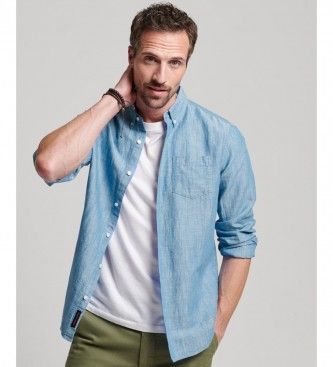 Superdrytil mænd. M4010696A Studios Button Down Collared Shirt i hør og økologisk bomuld blå (L), Casual, Linned, Lange ærmer