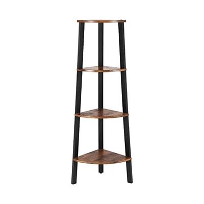 Vasagle Corner Shelf, 4-lags industriel opbevaringsstativ, stigen om skov, arrangørenhed til hjemmet, stue, soveværelse, balkon, rustik brun og sort LLS34X
