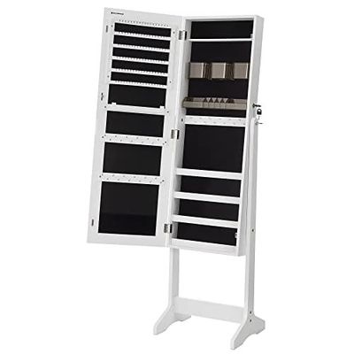 Songmics Jewelry Cabinet Armoire, fritstående låsbar opbevaringsarrangørenhed med 2 plastkosmetisk opbevaring, rammeløst spejl i fuld længde, til halskædeørering, hvid ujjc002w01