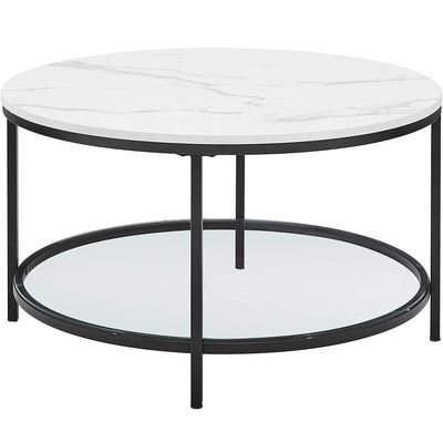 Vasagle LCT071B13 sofabord, stuebord, sofabord, med glas top, stor opbevaringsplads, let samling, moderne stil, hvid marmoreffekt, sort ramme