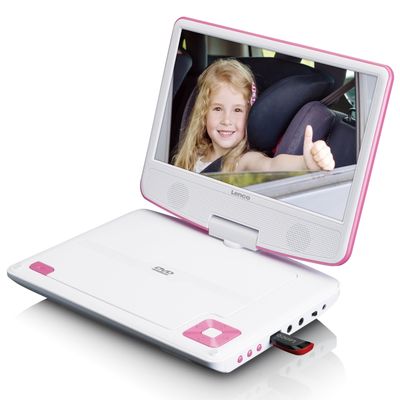 Lenco Bærbar 9" dvd-afspiller med USB-hovedtelefoner og monteringsbeslag Pink