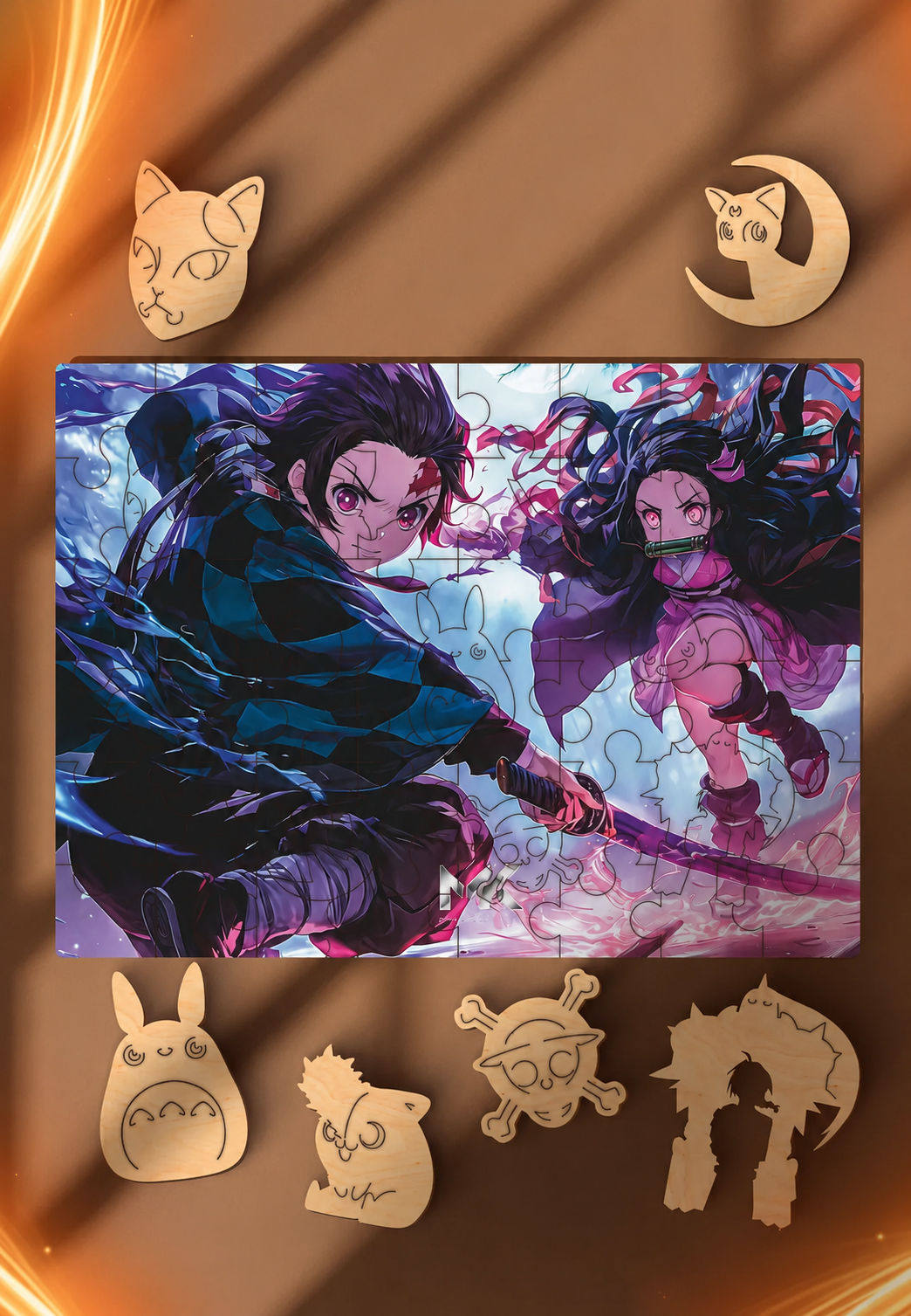 Rompecabezas de madera MDF Rompecabezas Demon Slayer Tanjiro y Nezuko Nocturno de Madera MDF - 150 piezas corte láser