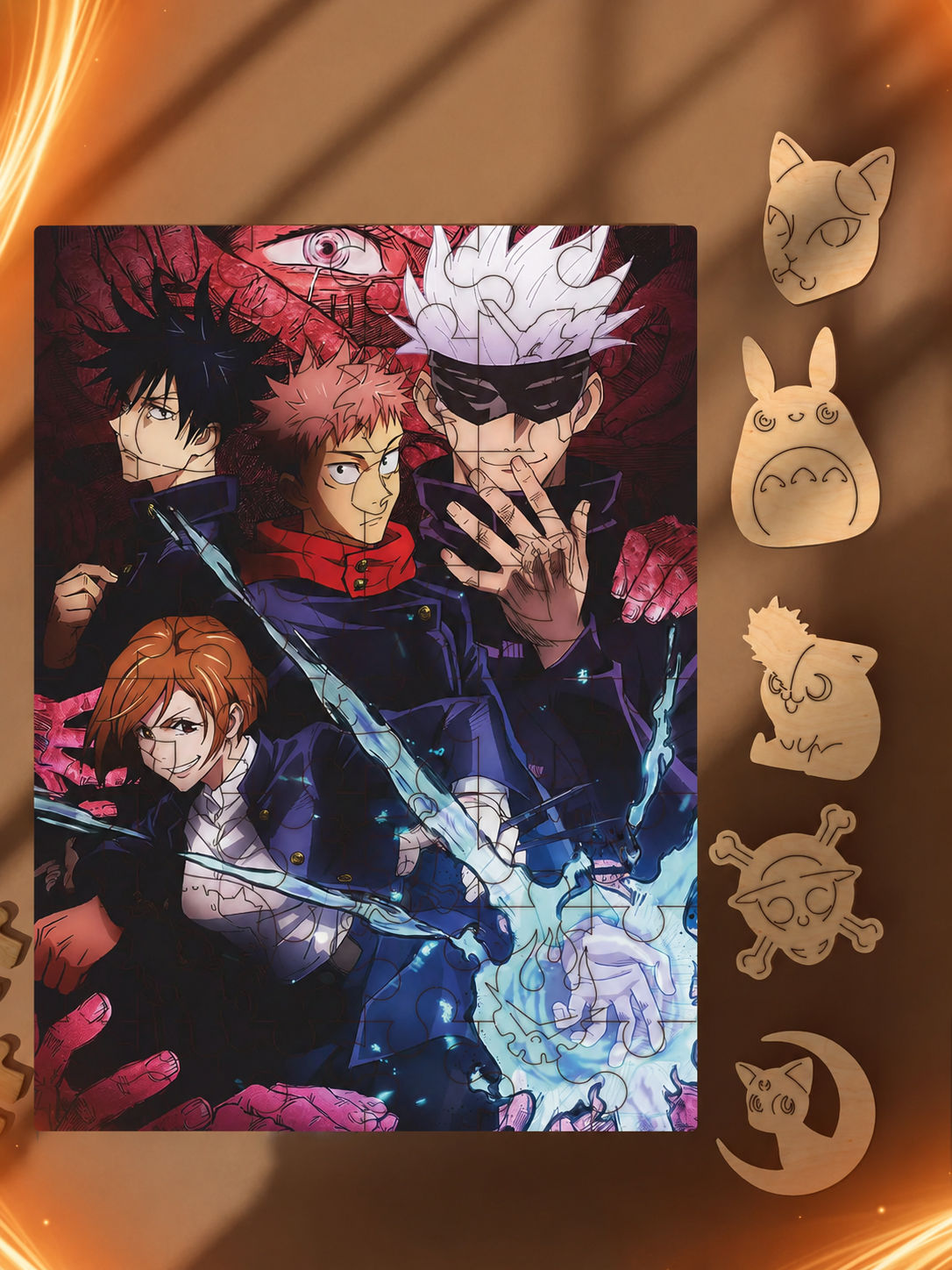 Rompecabezas de madera MDF Rompecabezas Jujutsu Kaisen Gojo Itadori y Equipo de Madera MDF - 150 piezas corte láser