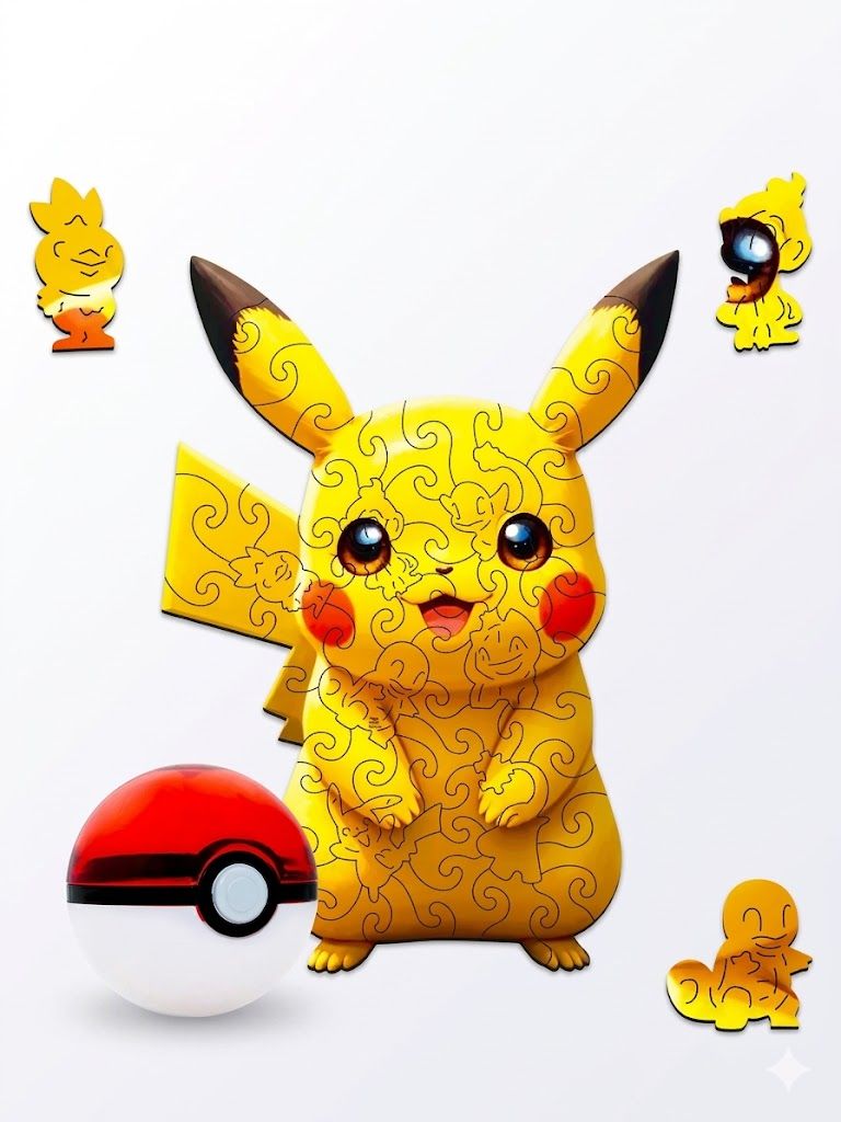 Rompecabezas de madera MDF Rompecabezas Pikachu Clásico con Pokébola de Madera MDF - 150 piezas corte láser