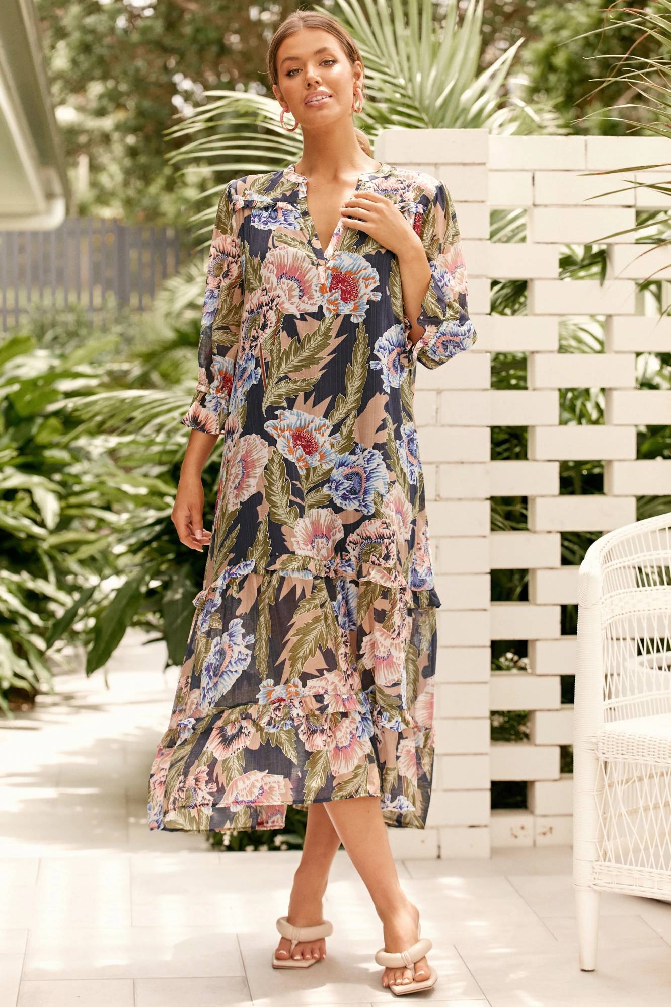 Sheer Frill Floral Dress - Navy - Adorne - Florence Store
