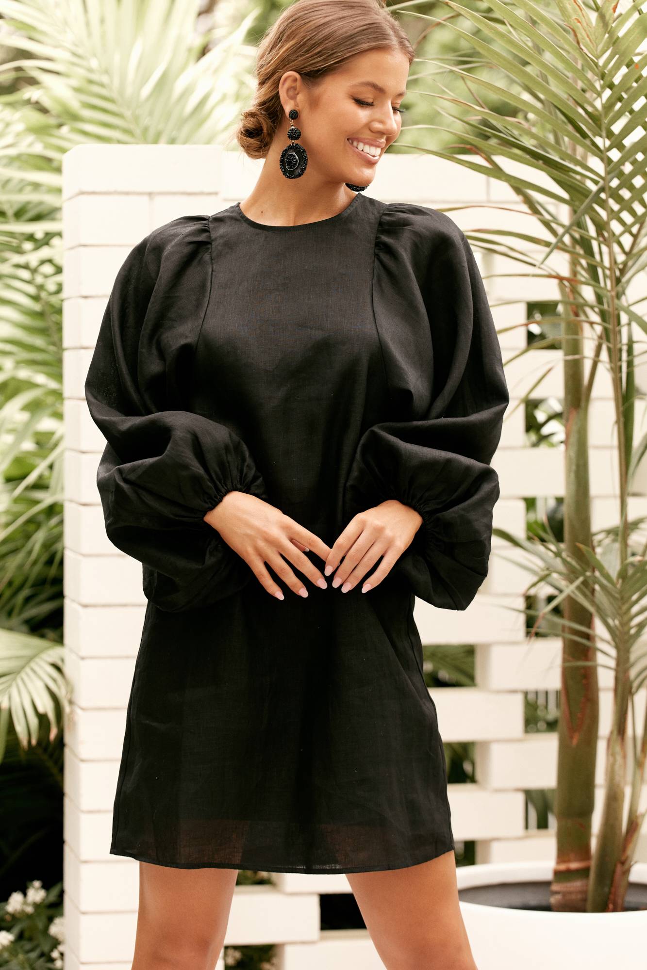 Puff Sleeve Linen Dress - Black 
