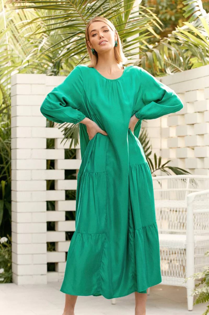 Adorne Cupro LS Maxi Dress Green