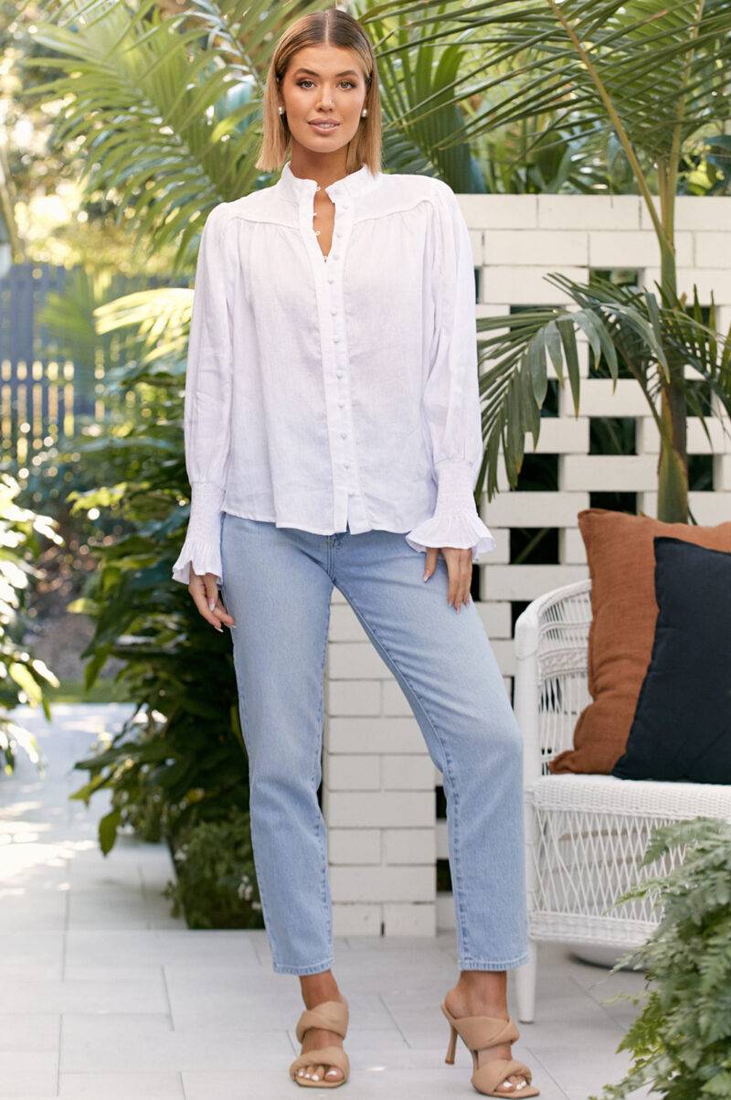 Adorne Linen Rouched Shirt White