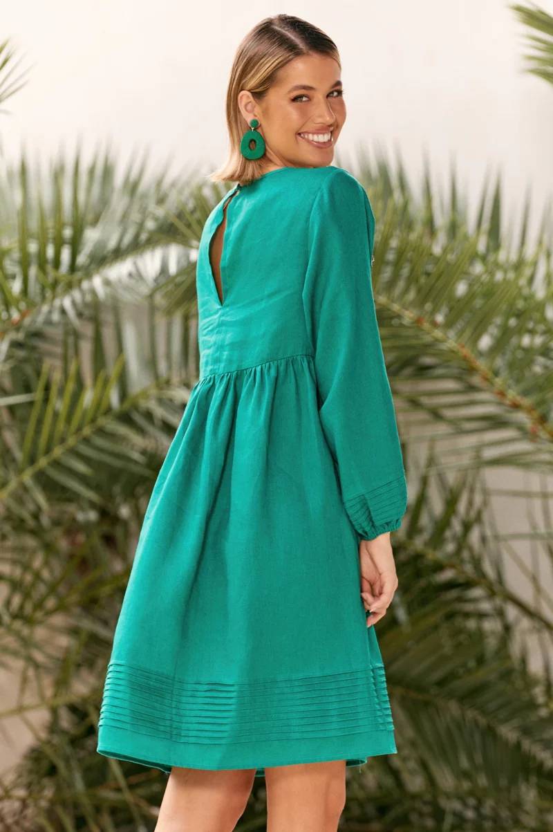 Adorne Pleat Detail Linen Dress Emerald