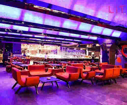 Interior of lit bar and kitchen C Scheme