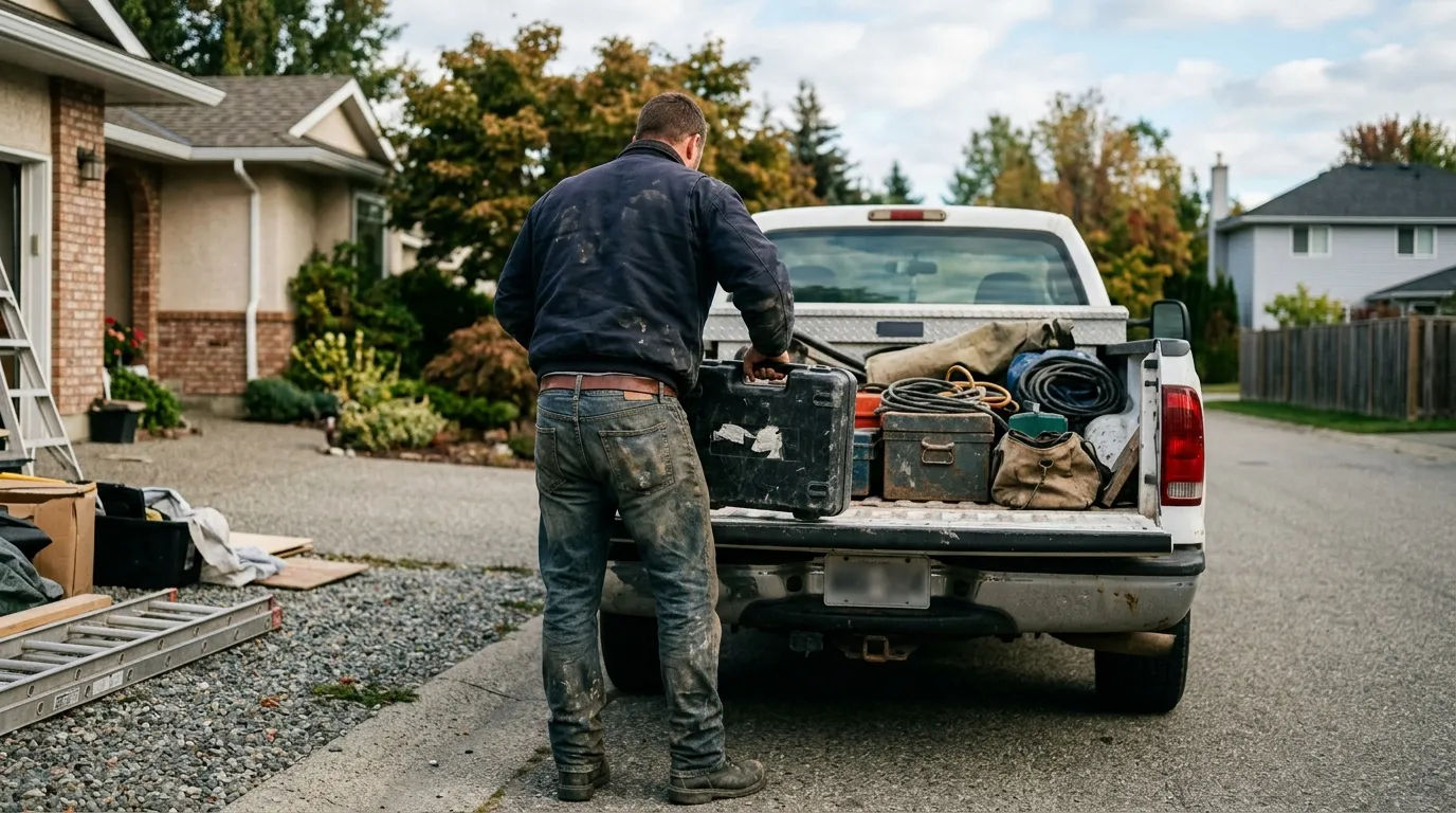 Worker loading equipment into a vehicle used for business operations.