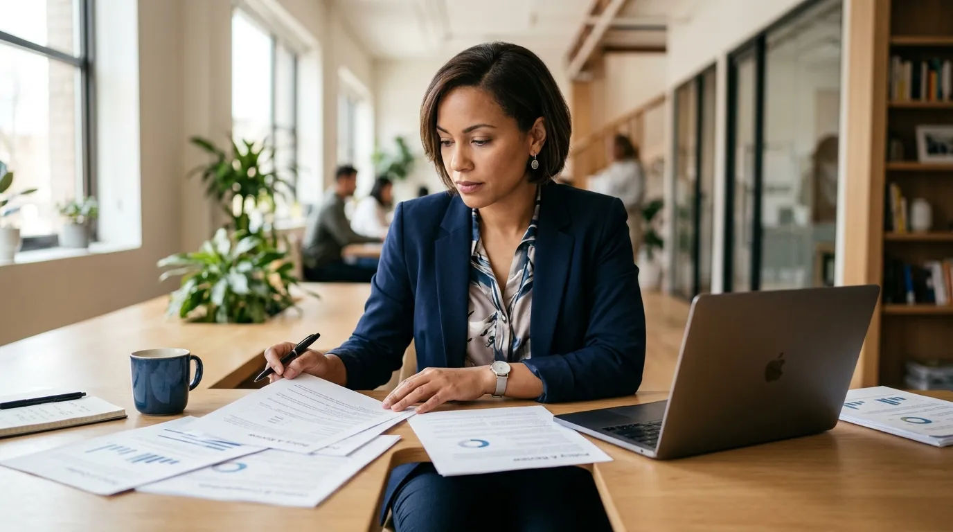 Small business owner reviewing commercial auto insurance options.