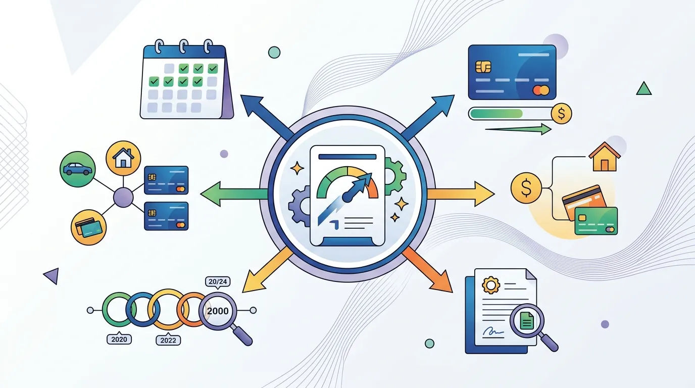Payment history, credit usage, account history, new credit and account types represented as parts of a credit profile.