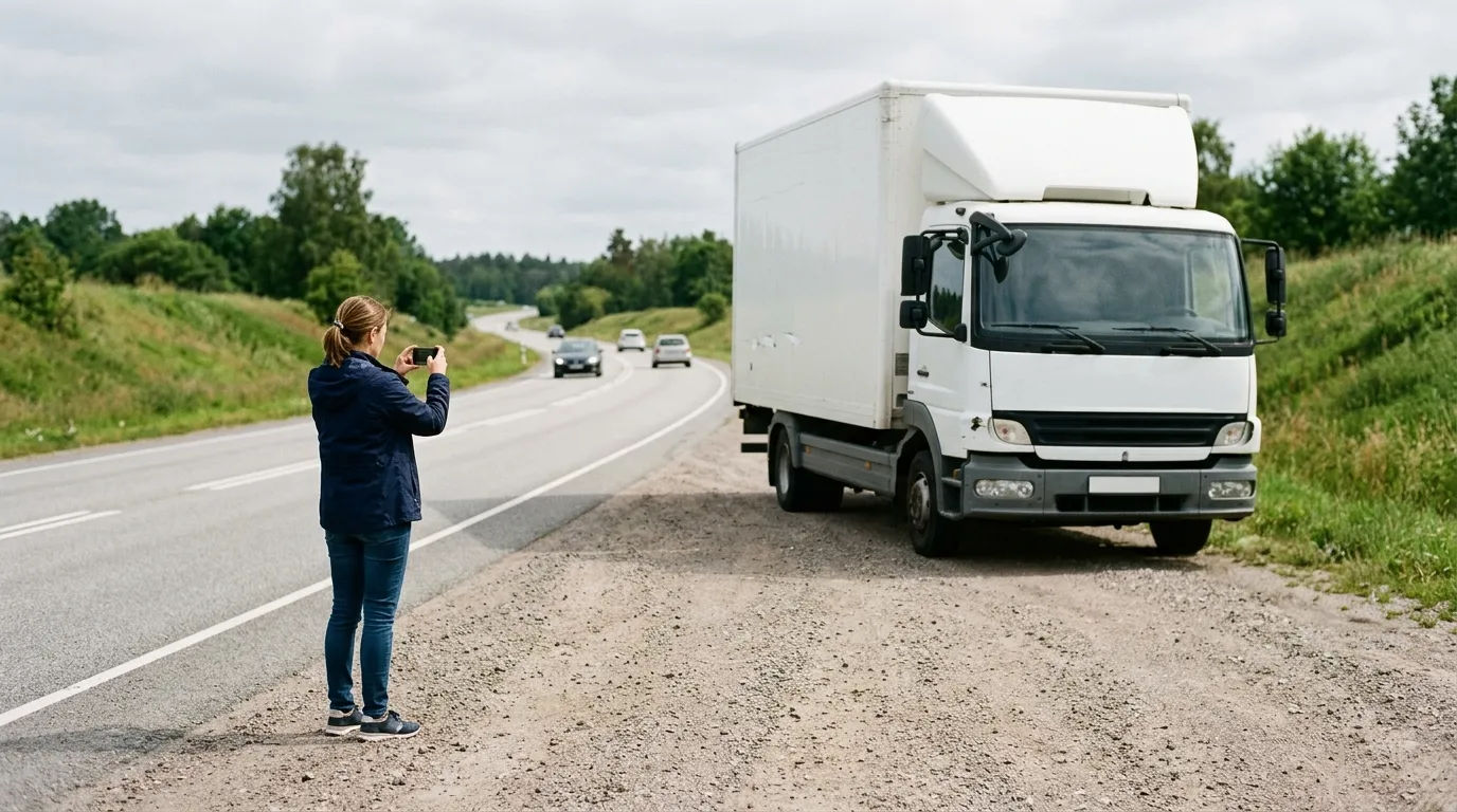 Person using a smartphone to document a commercial truck at the roadside.