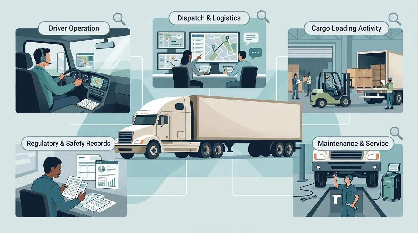 Different commercial trucking roles represented around a truck as parts of an accident investigation.