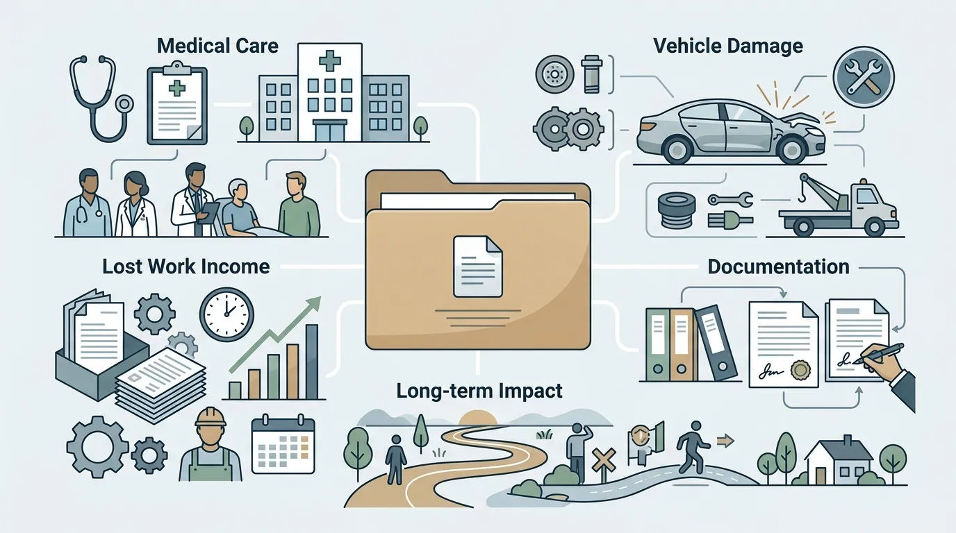 Visual representation of medical costs, lost income, property damage and documentation considered in a settlement.