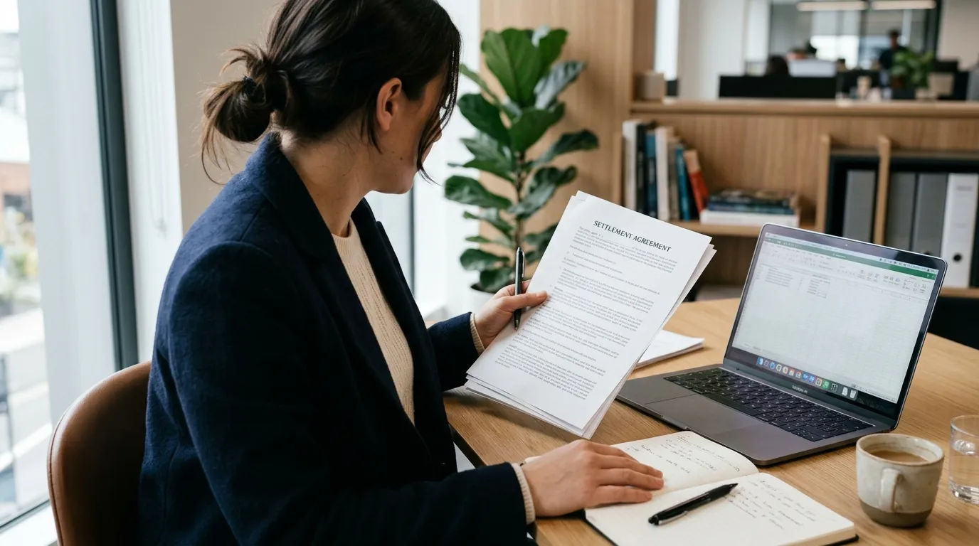 Person reviewing settlement documents during an insurance claim negotiation.