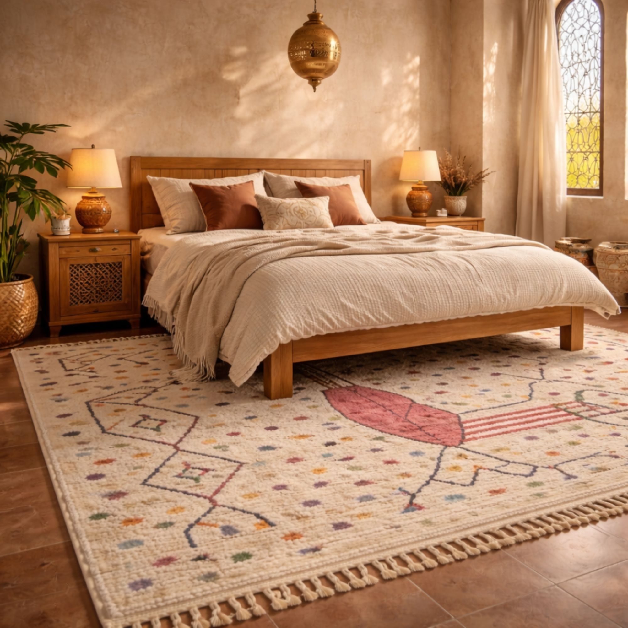 Custom Moroccan Rug — Ivory Berber Rug — Artistic Arti... - Hand-knotted Moroccan rug, front view showing Custom Moroccan Rug — Ivory Berber Rug — Artistic Arti... texture and colors