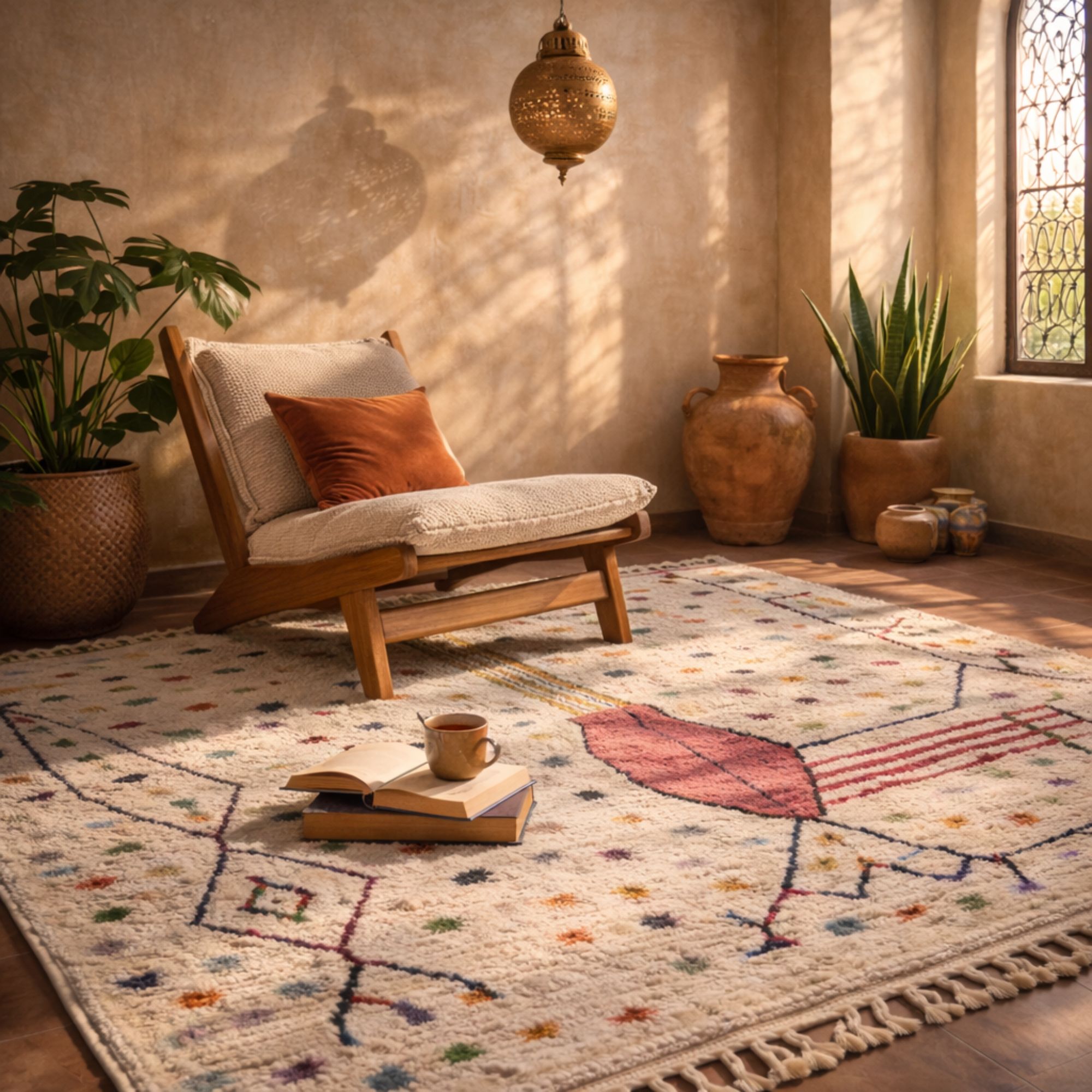 Moroccan Berber Rug — Heritage Ivory Rug — Artistic Tr... - Hand-knotted Moroccan rug, front view showing Moroccan Berber Rug — Heritage Ivory Rug — Artistic Tr... texture and colors