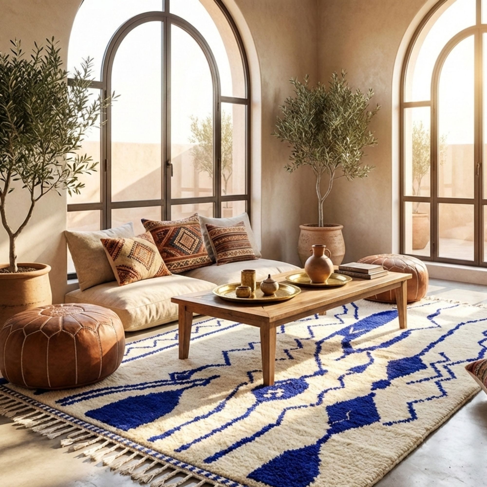 Blue Moroccan Rug — Ivory Wool — Tribal Boho - Hand-knotted Moroccan rug, front view showing Blue Moroccan Rug — Ivory Wool — Tribal Boho texture and colors