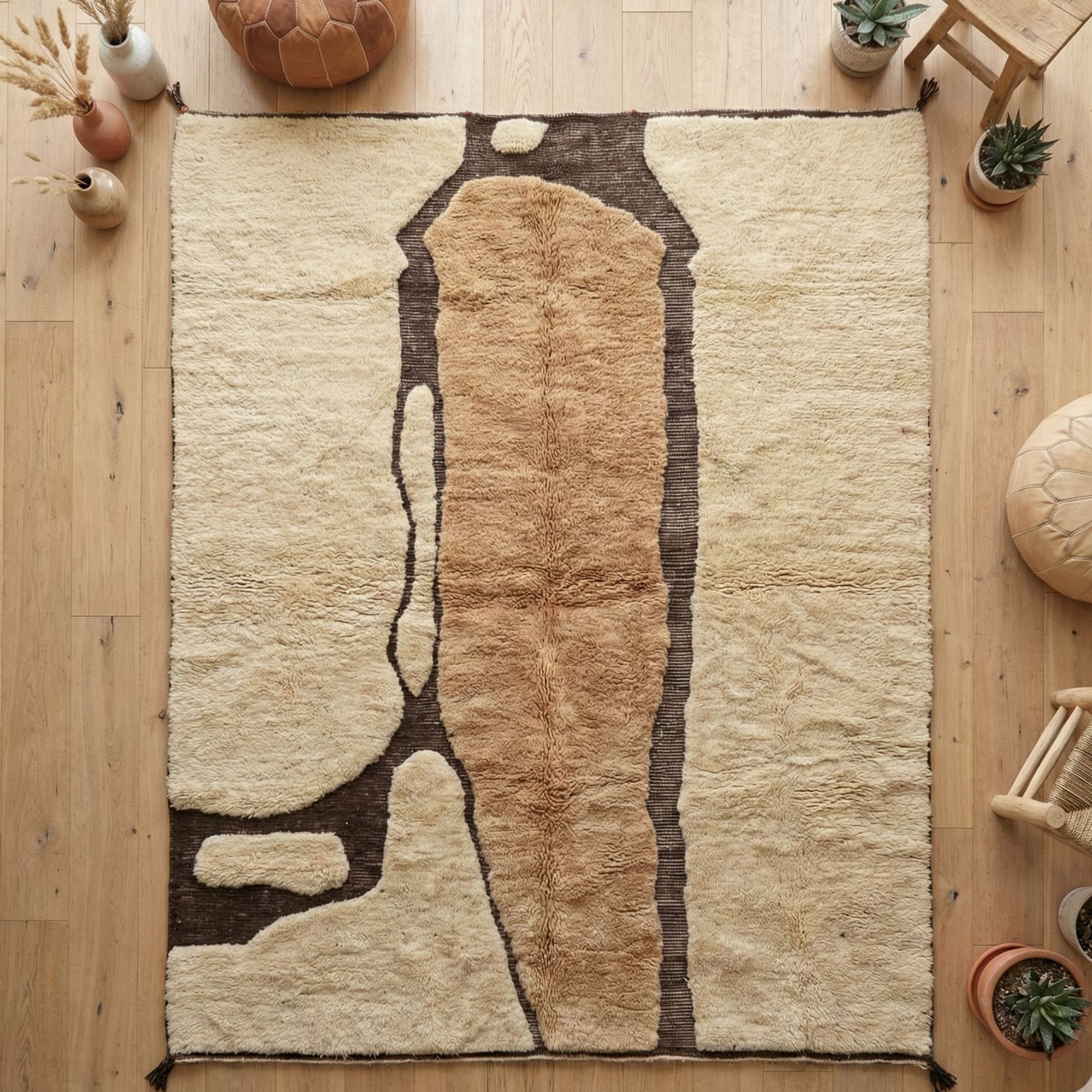 Custom Moroccan Rug — Neutral Wool — Handmade Abstract - Hand-knotted Moroccan rug, front view showing Custom Moroccan Rug — Neutral Wool — Handmade Abstract texture and colors