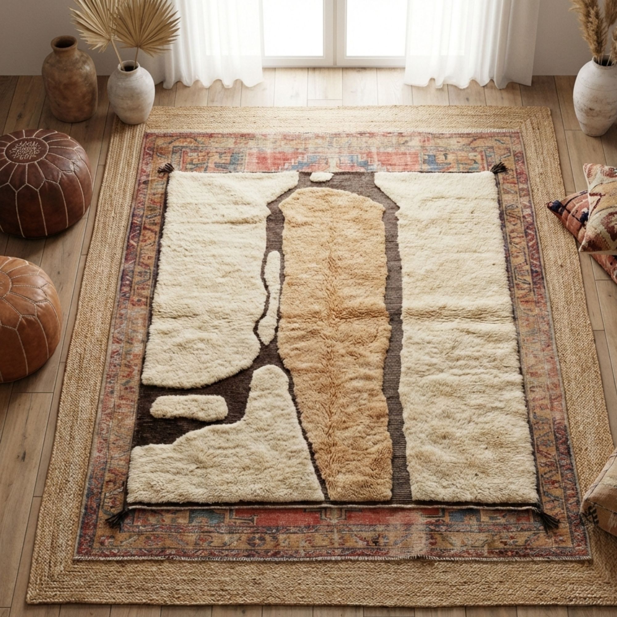 Moroccan Berber Rug — Tribal Wool — Artisan He... - Hand-knotted Moroccan rug, front view showing Moroccan Berber Rug — Tribal Wool — Artisan He... texture and colors