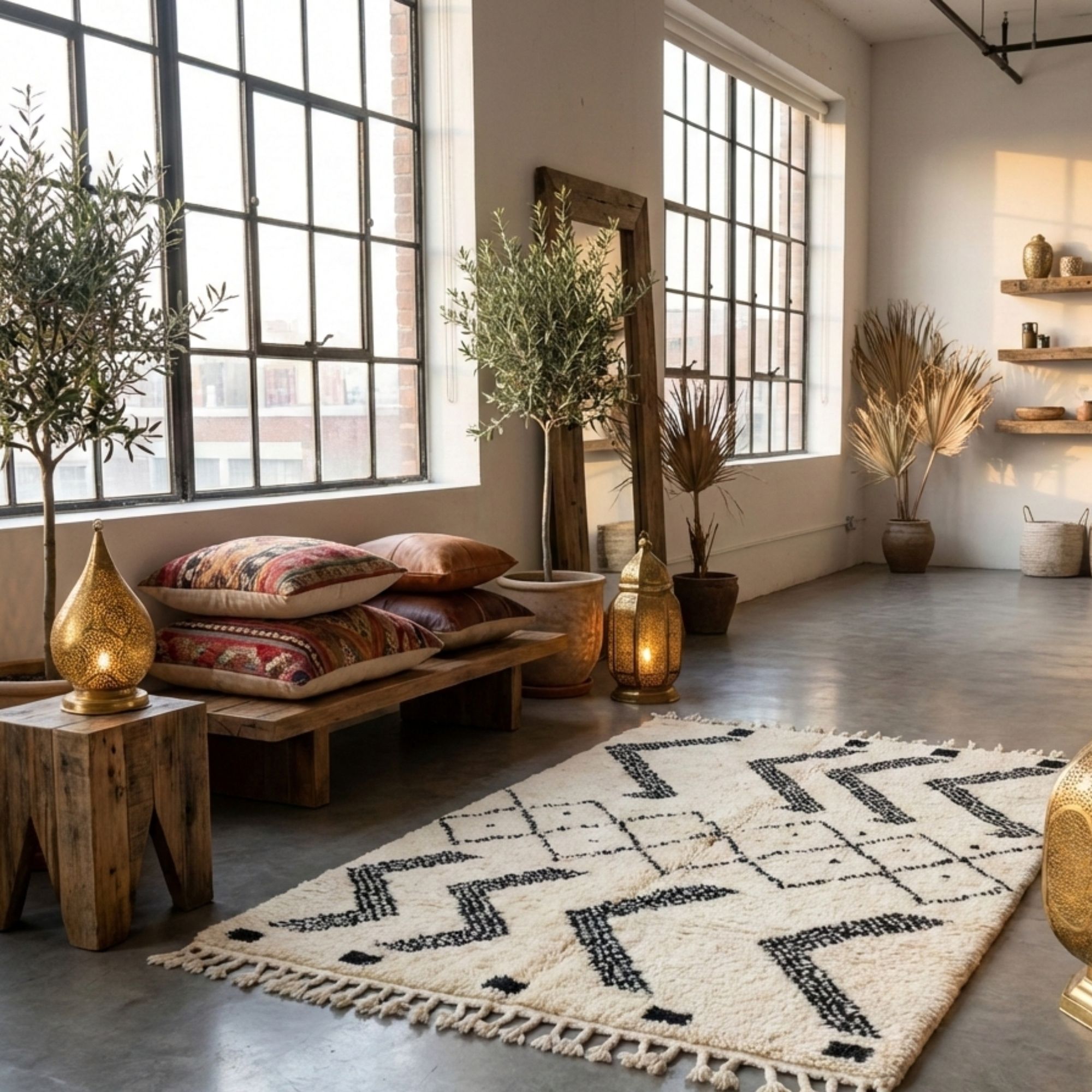 Large Berber Wool Rug — Diamond Grid Pattern — 100% Wool - Hand-knotted Moroccan rug, front view showing Large Berber Wool Rug — Diamond Grid Pattern — 100% Wool texture and colors