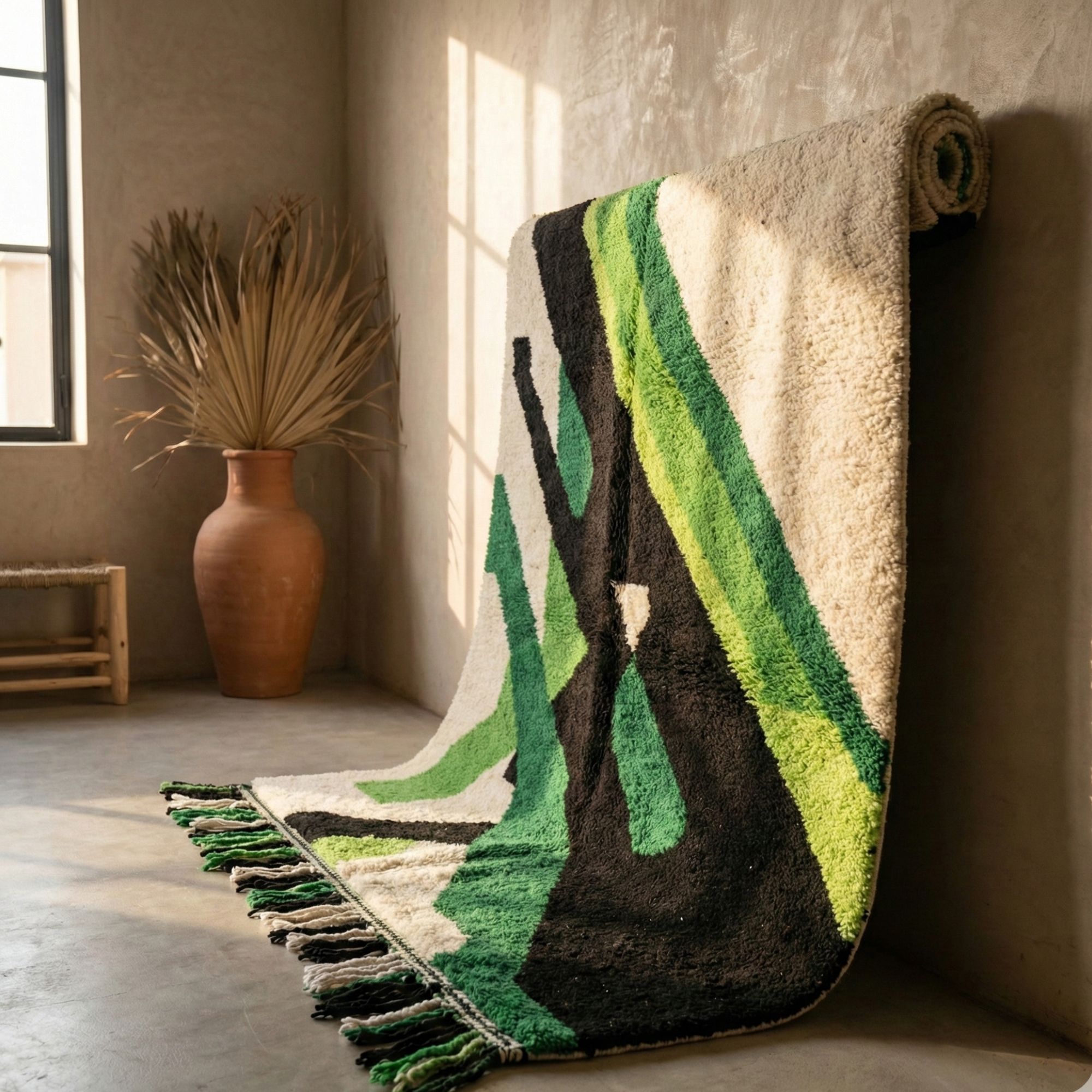 Large Area Rug Green Black Rug Wool Modern Berber L... - Hand-knotted Moroccan rug, front view showing Large Area Rug Green Black Rug Wool Modern Berber L... texture and colors