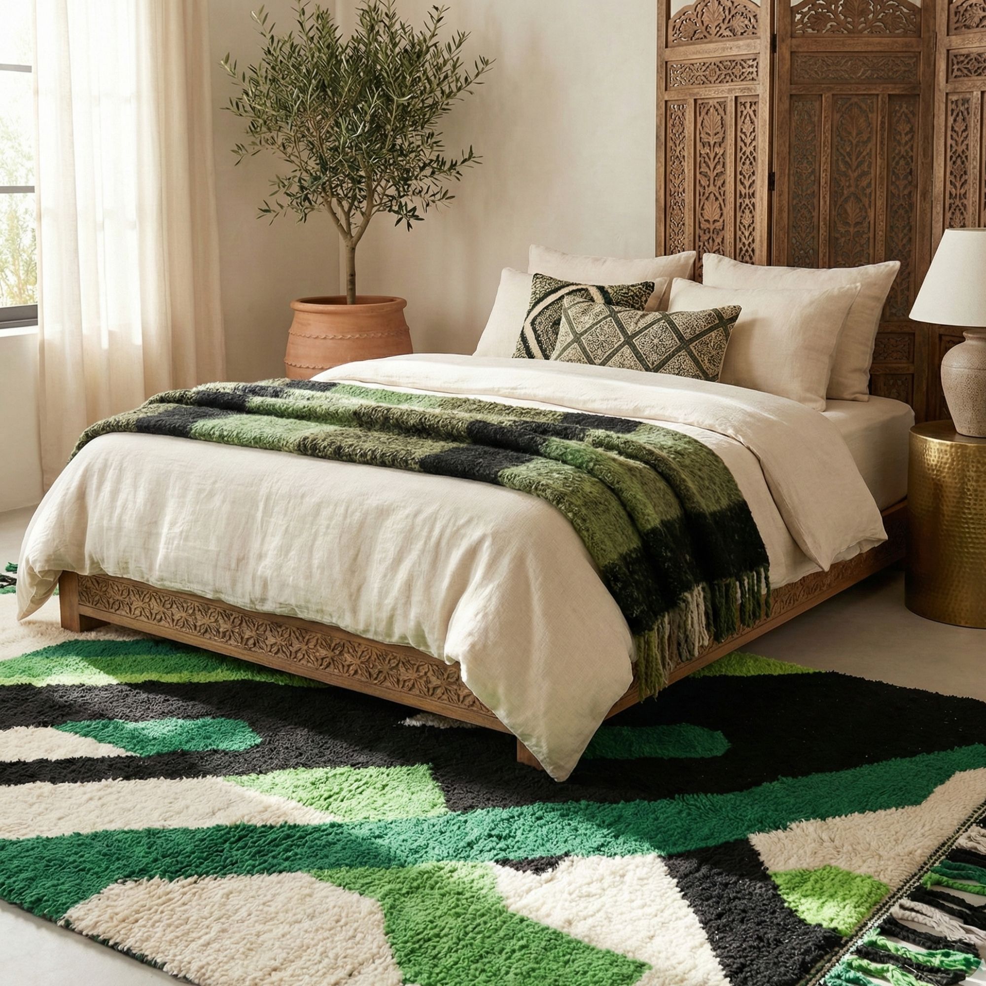 Green Boho Rug Abstract Area Rug Wool Modern Tribal ... - Hand-knotted Moroccan rug, front view showing Green Boho Rug Abstract Area Rug Wool Modern Tribal ... texture and colors