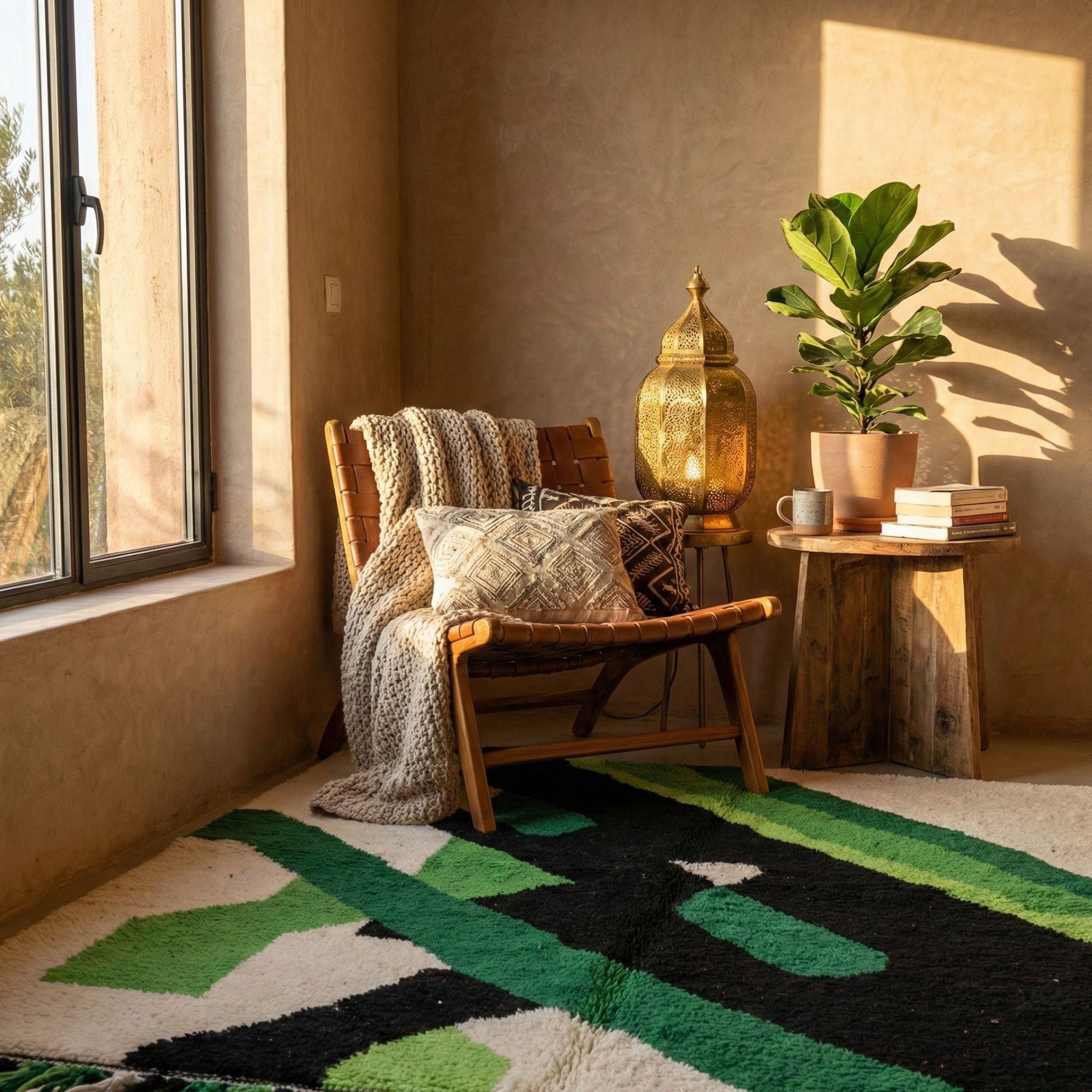 Tribal Wool Rug — Berber Inspired Rug — Heritage Desig... - Hand-knotted Moroccan rug, front view showing Tribal Wool Rug — Berber Inspired Rug — Heritage Desig... texture and colors
