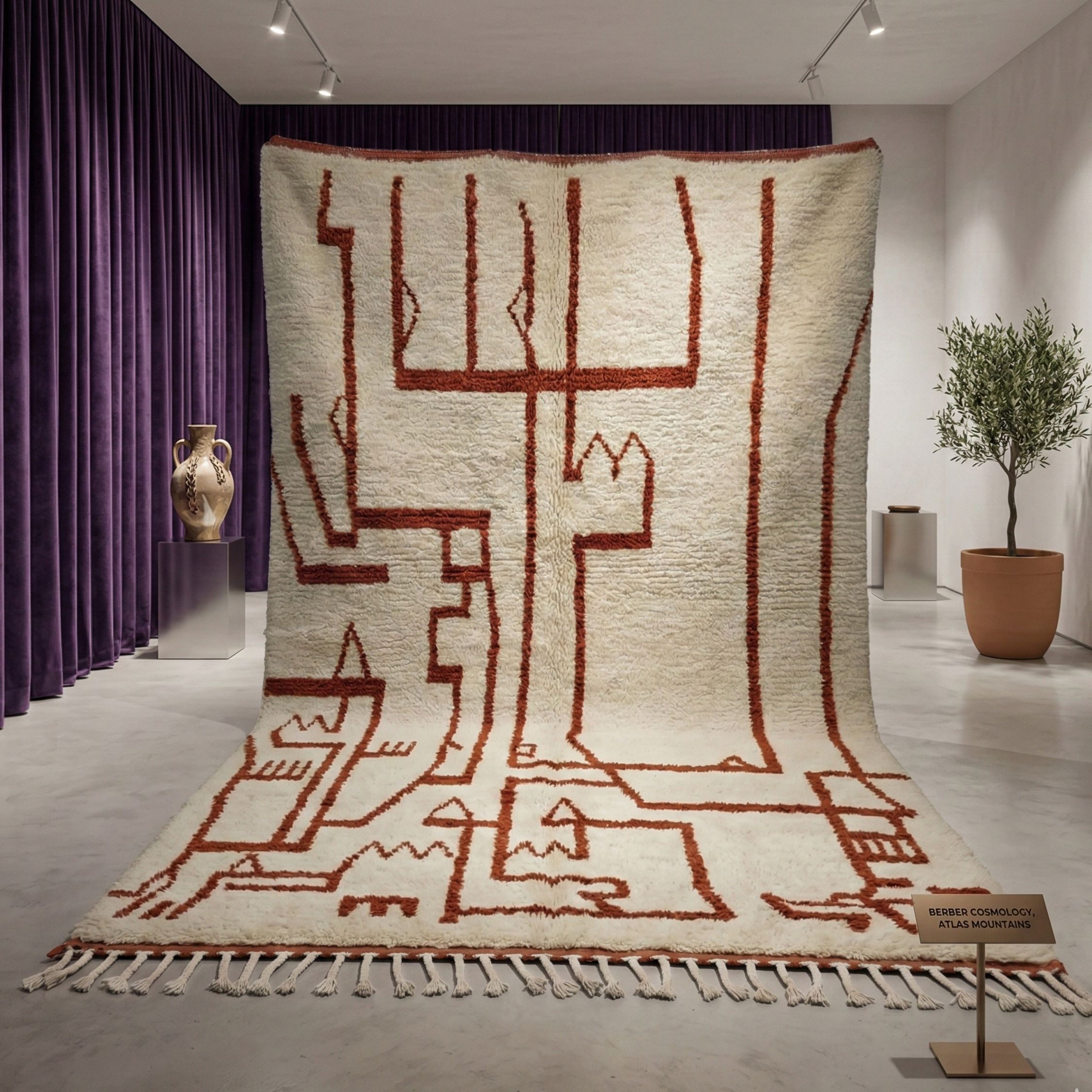 Terracotta Boho Rug — Cream Area Rug — Abstract Line A... - Hand-knotted Moroccan rug, front view showing Terracotta Boho Rug — Cream Area Rug — Abstract Line A... texture and colors