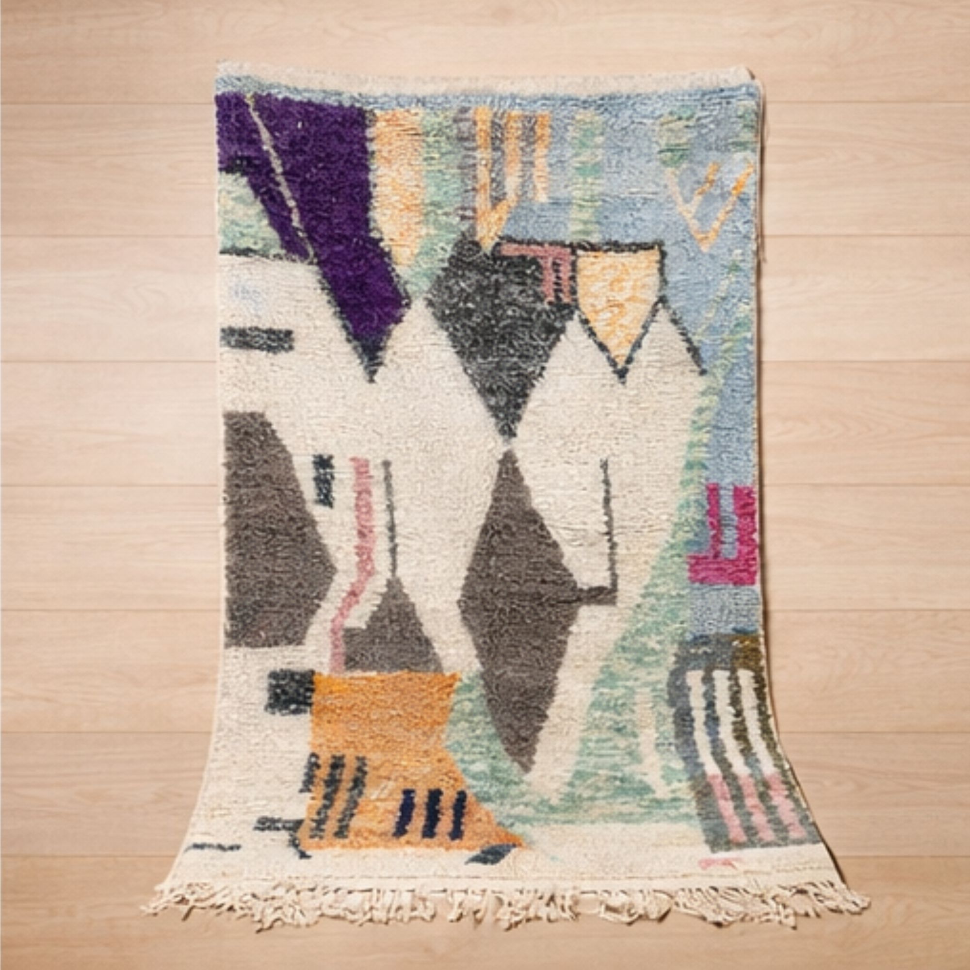 Moroccan Rug 8x10 — Pastel Berber Rug — Abstract Modern Style - Hand-knotted Moroccan rug, front view showing Moroccan Rug 8x10 — Pastel Berber Rug — Abstract Modern Style texture and colors