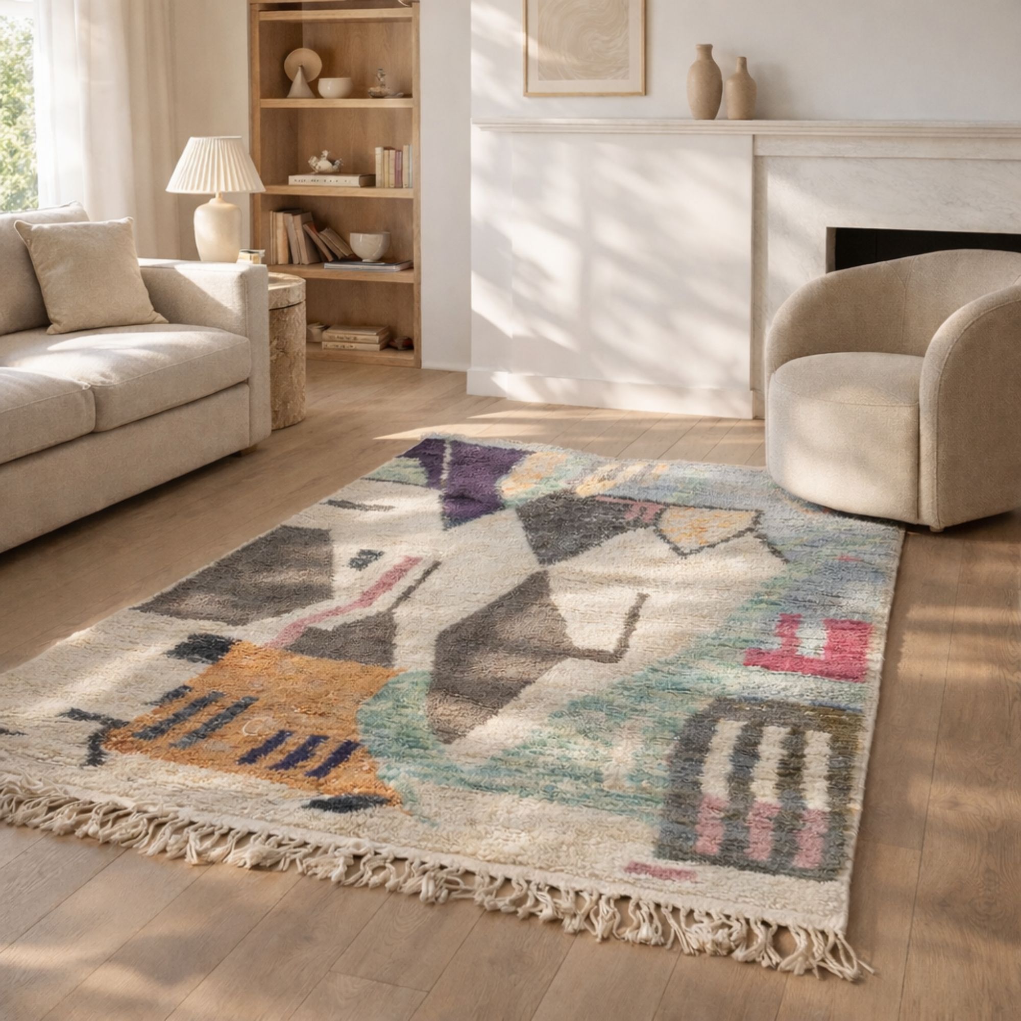 Pastel Moroccan Rug — Ivory Berber Rug — Soft Abstract... - Hand-knotted Moroccan rug, front view showing Pastel Moroccan Rug — Ivory Berber Rug — Soft Abstract... texture and colors