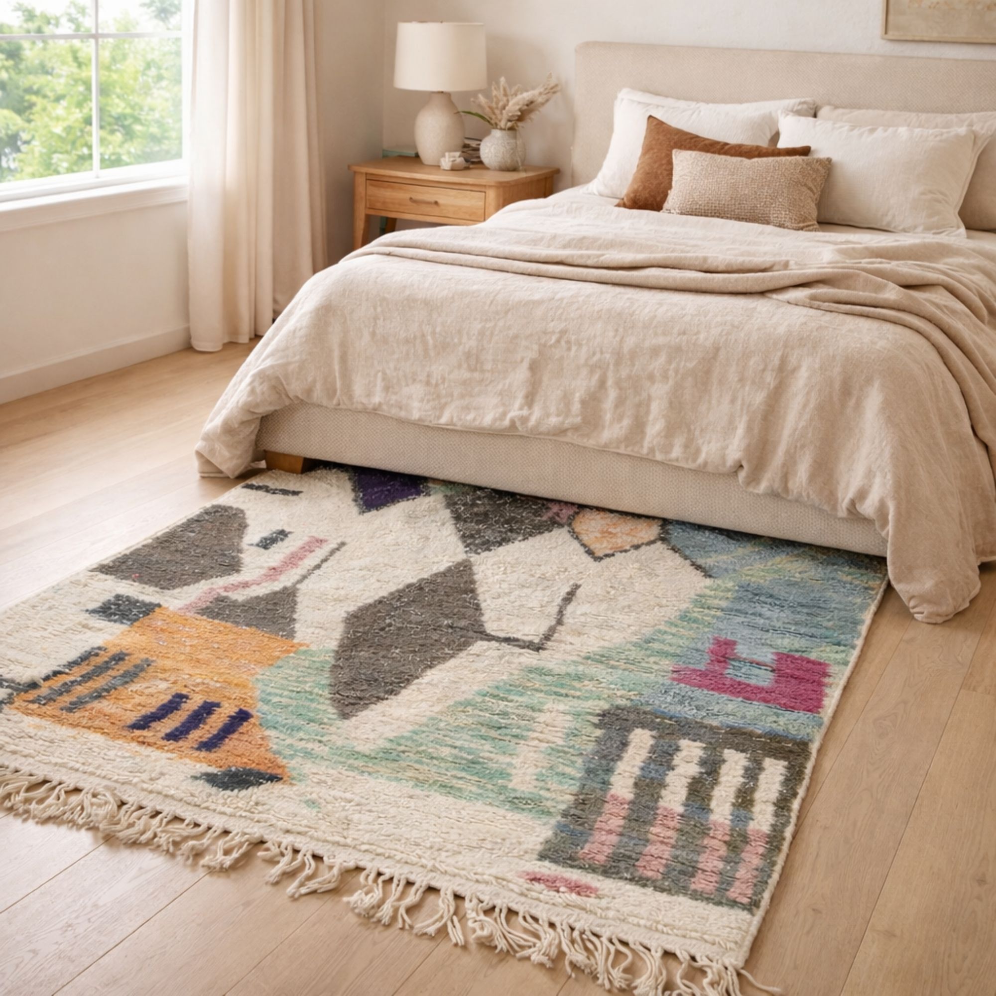 Moroccan Berber Rug — Ivory Heritage Rug — Artistic Tr... - Hand-knotted Moroccan rug, front view showing Moroccan Berber Rug — Ivory Heritage Rug — Artistic Tr... texture and colors