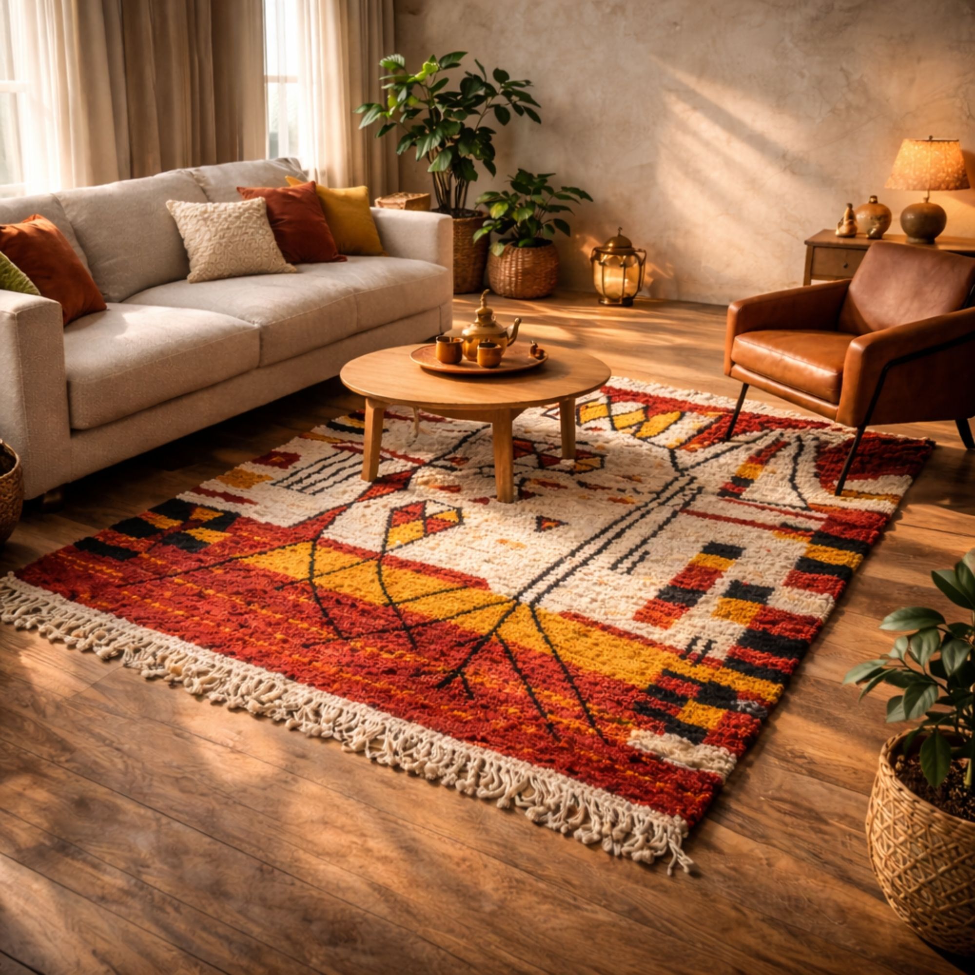 Moroccan Rug 8x10 — Tribal Berber Rug — Warm Geometric Style - Hand-knotted Moroccan rug, front view showing Moroccan Rug 8x10 — Tribal Berber Rug — Warm Geometric Style texture and colors