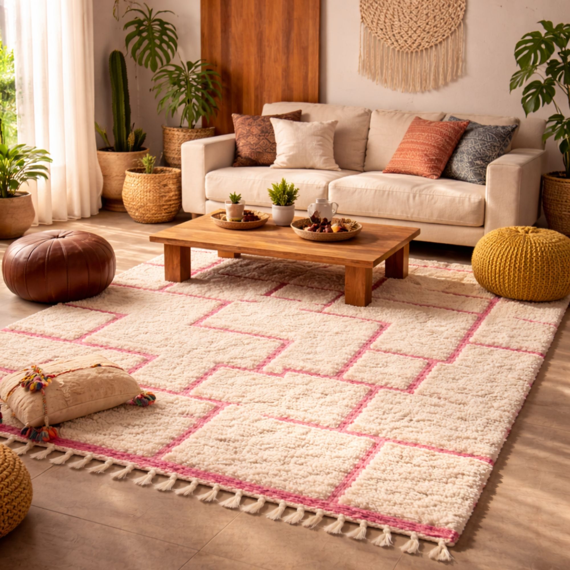 Moroccan Rug 8x10 — Pink Berber Rug — Soft Grid Style - Hand-knotted Moroccan rug, front view showing Moroccan Rug 8x10 — Pink Berber Rug — Soft Grid Style texture and colors