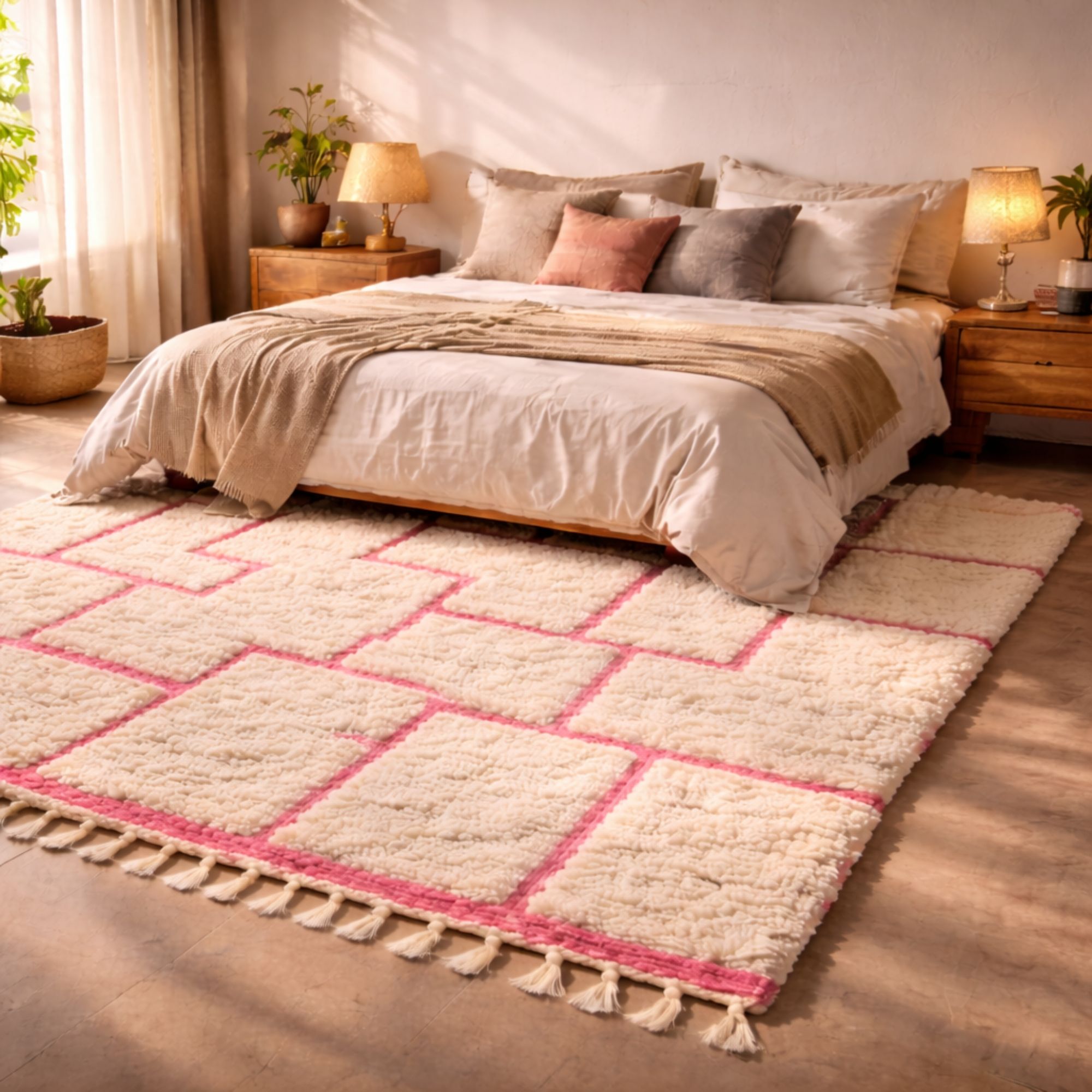 Pink Moroccan Rug — Ivory Berber Rug — Soft Boho Style... - Hand-knotted Moroccan rug, front view showing Pink Moroccan Rug — Ivory Berber Rug — Soft Boho Style... texture and colors