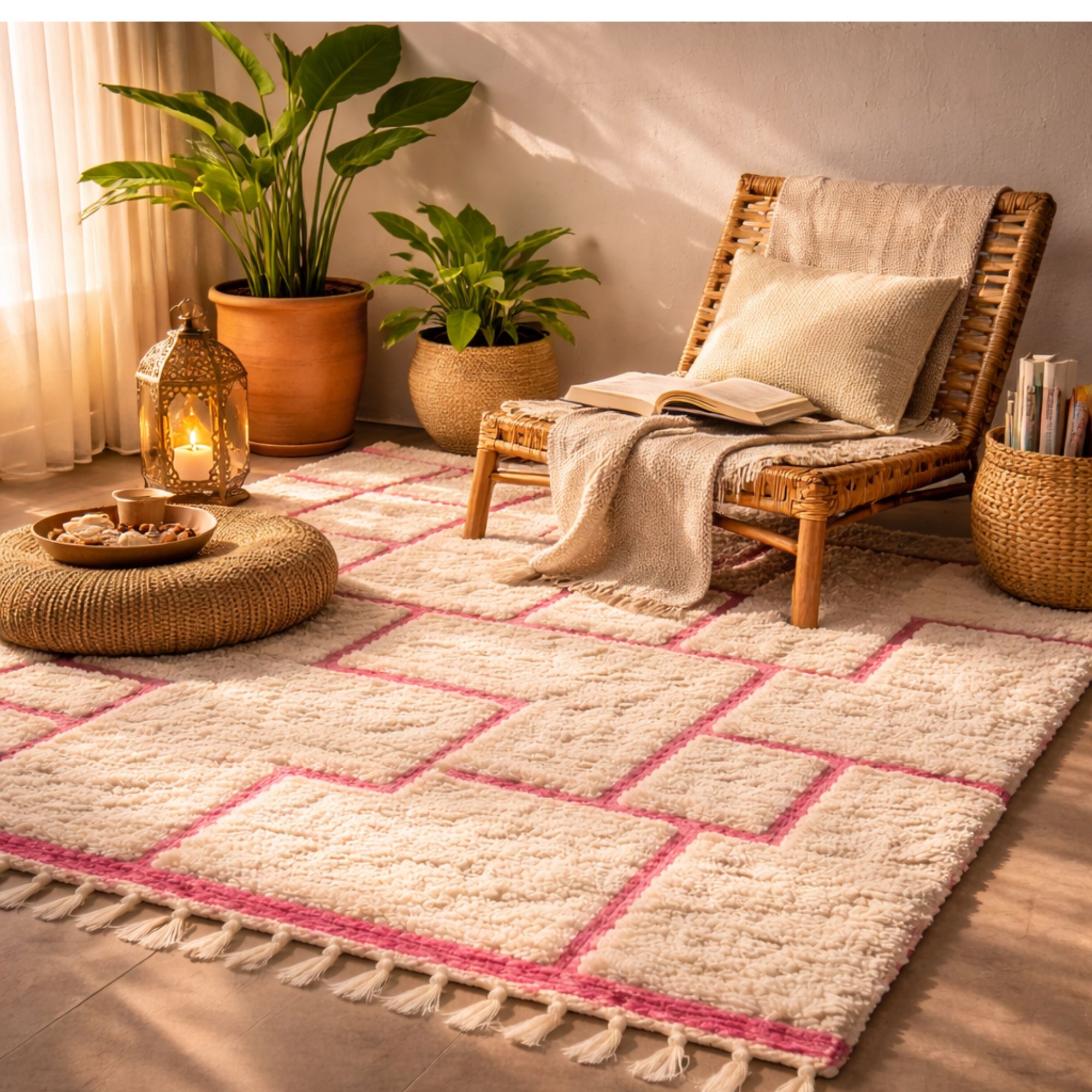 Custom Moroccan Rug — Ivory Berber Rug — Minimalist Gr... - Hand-knotted Moroccan rug, front view showing Custom Moroccan Rug — Ivory Berber Rug — Minimalist Gr... texture and colors