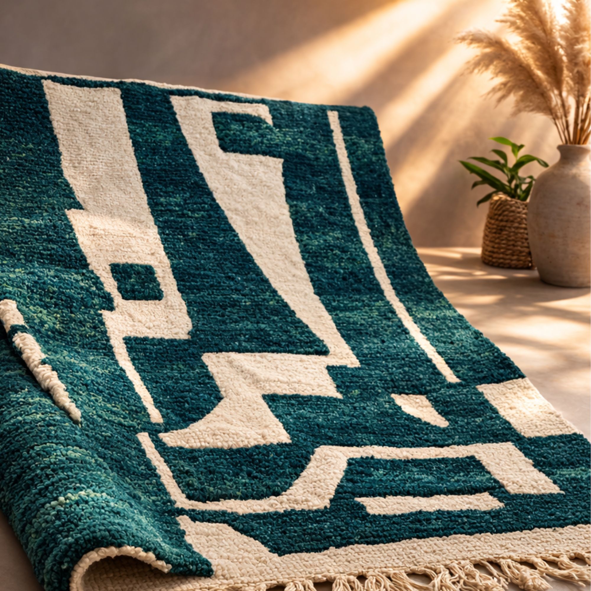 Teal Moroccan Rug — Ivory Berber Rug — Bold Boho Moder... - Hand-knotted Moroccan rug, front view showing Teal Moroccan Rug — Ivory Berber Rug — Bold Boho Moder... texture and colors
